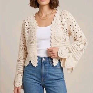 GILLI Cream Boho Crochet Cropped Bell Sleeve Open Front Cardigan Shrug - S/M